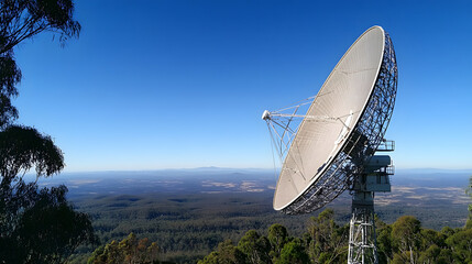 Earth receiving station in a remote desert location, where satellite signals are decoded and transmitted to control centers. The scene symbolizes global connectivity and the seamless flow of informati