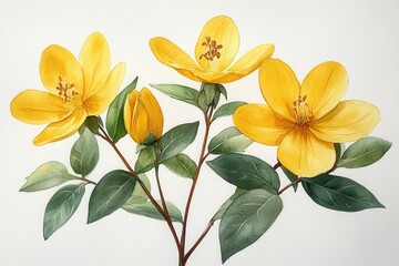 Obraz premium A botanical illustration featuring vibrant yellow flowers and green leaves.