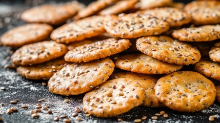 Bread crackers made from grain, flax seeds, and spices.