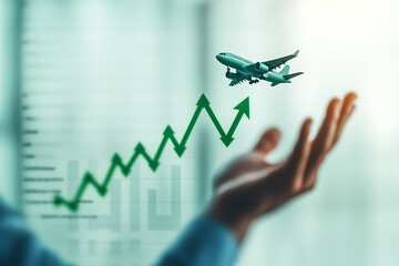 A hand holds an airplane above a rising graph, symbolizing growth in the aviation industry.