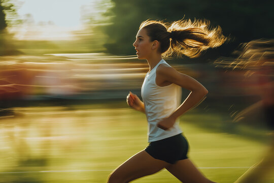 Stock minimalist photography of sport women dynamic motion blur sprinting outdoors on a track, with other runners in the blurred background. Side view captures her speed and determination, with