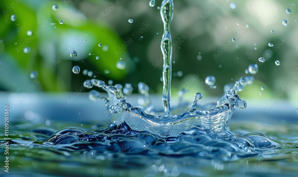 Poster a close-up of a water droplet splashing into a pool of water, creating a crown-shaped spray with a b