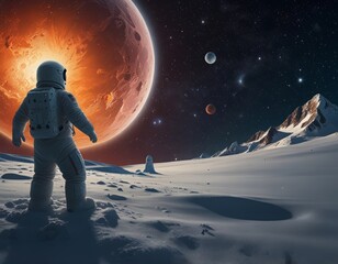 Obraz premium winter in space, snow against the backdrop of snow-capped mountains and space