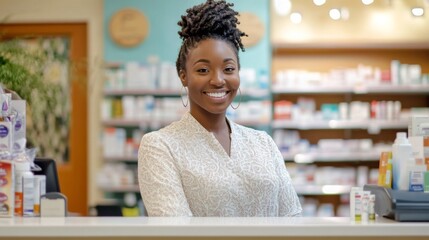 Smiling Pharmacist Providing Excellent Customer Service in a Well-Organized Pharmacy Environment