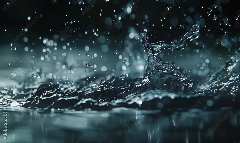 Poster water droplets falling and splashing on a dark background, creating a dramatic and abstract image.