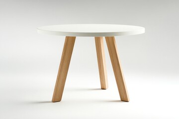 Minimalist white round side table on light wooden legs.