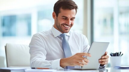 Fototapeta premium Smiling Professional Man in Business Attire Using Tablet in Modern Office Setting, Enhancing Productivity through Technology and Innovation in Corporate Environment