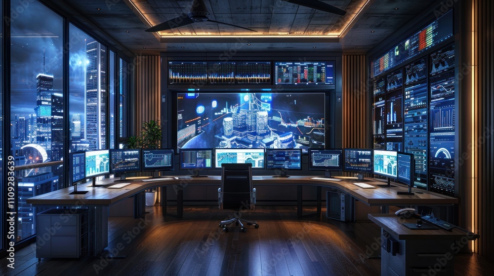 Poster futuristic control room with city view at night, multiple monitors displaying data.
