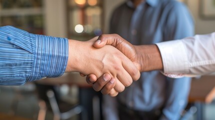 Two people shaking hands in a business setting, symbolizing agreement and partnership.