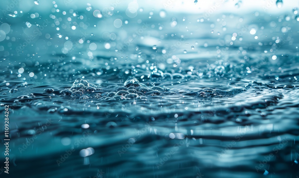 Poster abstract water drops splashing on a blue surface creating ripples and bokeh effect.