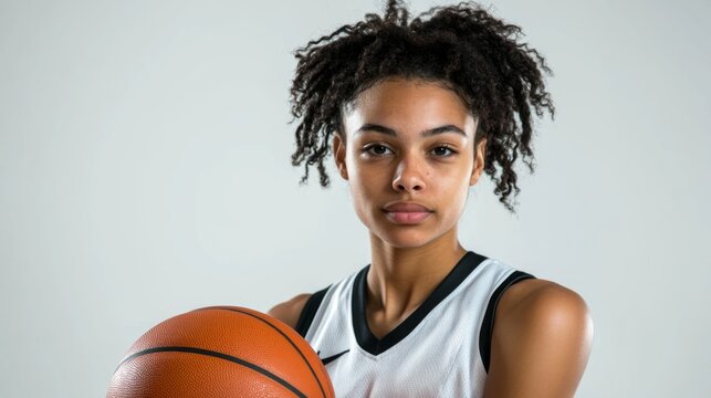 Empowering Portrait of a Young Female Basketball Player Ready for Action: Celebrating Strength, Determination, and Team Spirit on the Court
