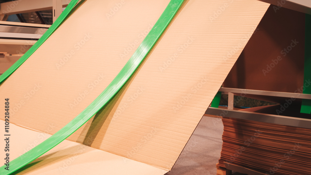 Poster a packaging conveyor at a factory uses large sheets of brown corrugated cardboard