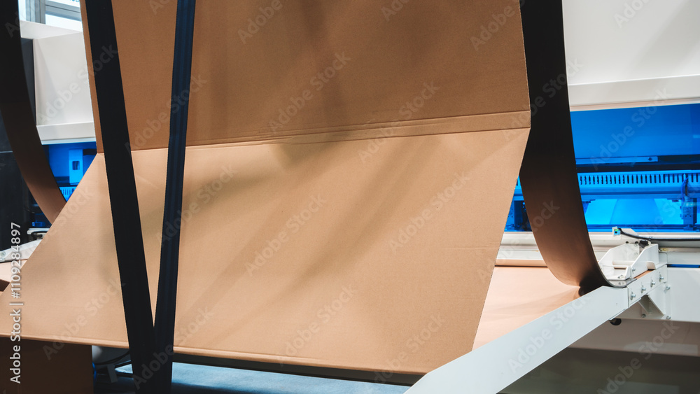 Poster a packaging conveyor at a factory uses large sheets of brown corrugated cardboard