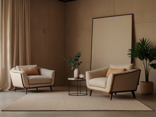 Minimalist, japandi style interior design of modern living room. Boucle sofa and accent armchair against beige wall with frame.