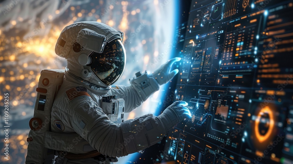 Poster astronaut interacting with futuristic interface in space.
