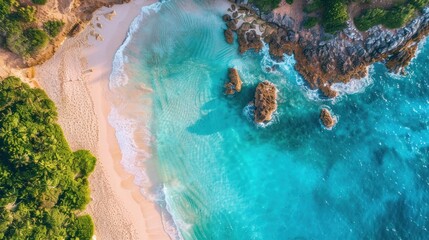 Secluded tropical beach with turquoise water, white sand, and lush green foliage.