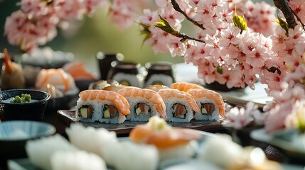 A elegant table setting in a cherry blossom park, featuring a delicate arrangement of sushi, tempura, and mochi, with pink blossoms scattered around