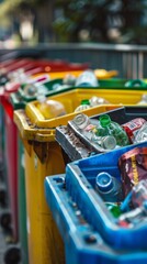 Fototapeta premium Visualizing Sustainability: Multi-Colored Recycling Bins with Assorted Waste Highlighting Environmental Conservation and Urban Waste Management Challenges