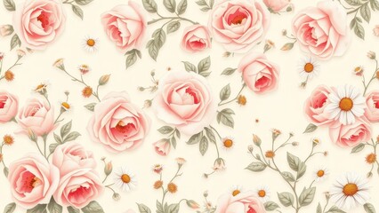 Romantic vintage floral pattern with pastel roses and daisies on a light background, roses, shabby chic, soft, elegant, pastel