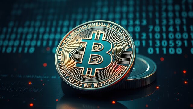 Virtual currency bitcoin with binary code background, cryptocurrency, digital, virtual