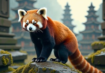 Fototapeta premium Contemplative Red Panda in Mystical Mountain Temple Ruins with Morning Fog and Ethereal Sunbeams, Sacred Ancient Architecture with Moss and Dewdrops
