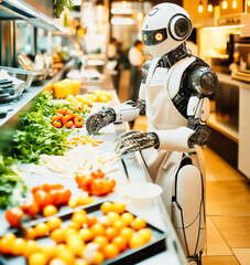 Humanoid robot chef preparing fresh vegetables and fruits in modern restaurant kitchen - Advanced AI automation in food service industry demonstrating culinary skills