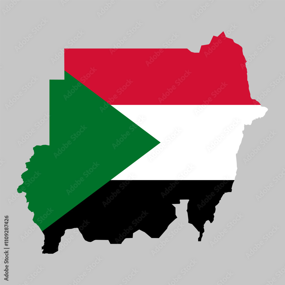 Poster sudan outline of map on background of national flag