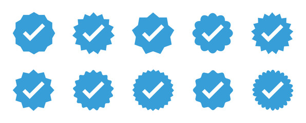 Set of verified badge. Blue check mark icon. Set of right symbol in zig zag style. Instagram verified badge. Social media account verification icons.