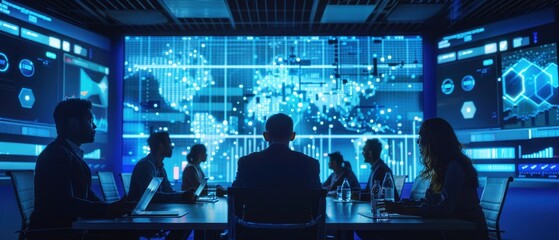 A team discusses data analysis in a high-tech meeting room illuminated by digital screens and projections.