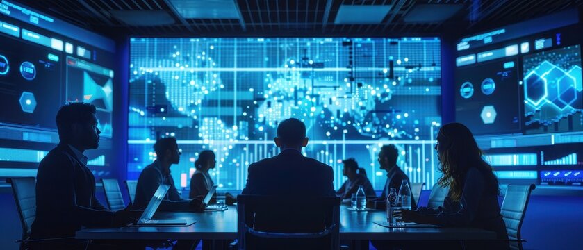 A team discusses data analysis in a high-tech meeting room illuminated by digital screens and projections.