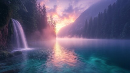 Serene lakeside at dawn with mist rising from water and colorful sunrise reflections