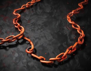 Red and orange splatters scattered across a dark metallic surface with a twisted black metal chain stretched across, red, bold