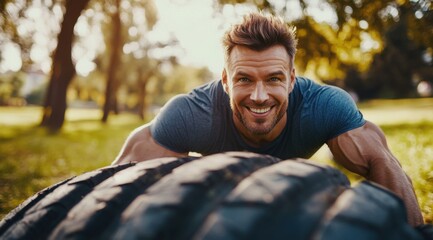 Handsome, muscular man doing push-ups on large black rubber tires in the park, smiling and looking at the camera, close-up portrait, depth of field, blurred background, natural lighting