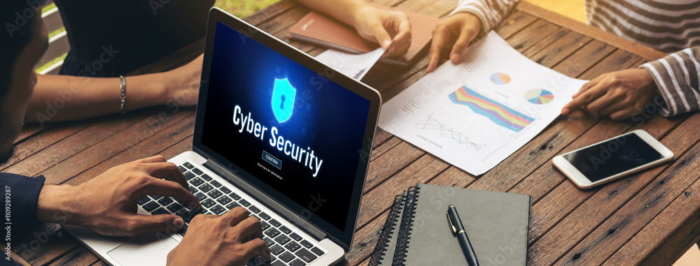 Poster cyber security system on computer screen protect private information snugly from hacker and cyber at