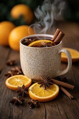 Warm spiced drink with oranges and cinnamon during cozy winter evening