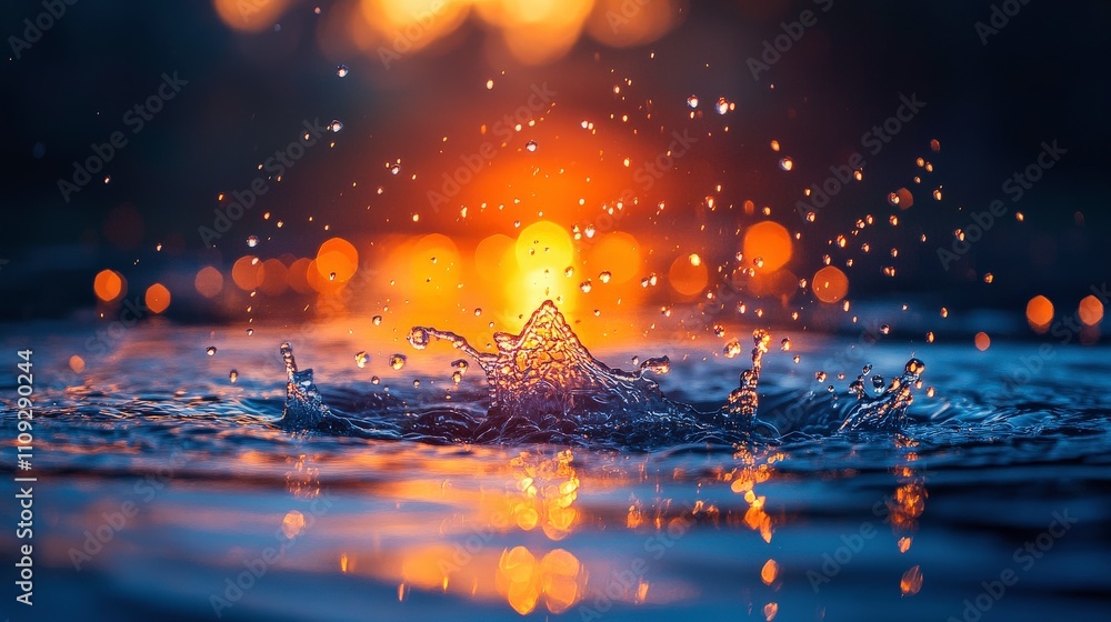 Poster captivating water splash at sunset creating vibrant patterns and reflections with bokeh effect in th