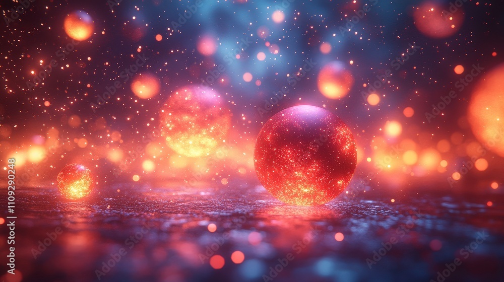 Poster abstract cosmic scene featuring glowing spheres in a vibrant, ethereal space illuminated by sparklin