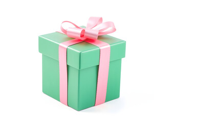 Fototapeta premium Green gift box with pink bow on white background. International Women's Day with a white accent, png
