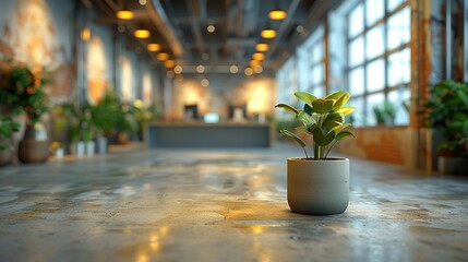 Fototapeta premium A potted plant sits in the foreground of a modern office space.