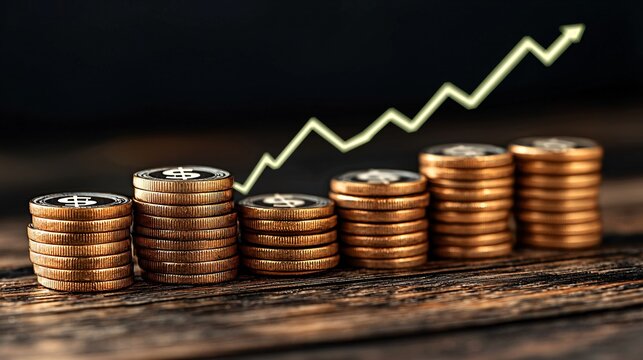 Financial growth represented by rising green lines and stacked coins on a wooden surface - Powered by Adobe