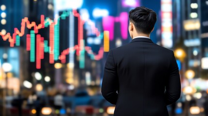 A business professional observing a digital stock market graph within an urban cityscape, symbolizing the dynamic world of finance and economic growth.