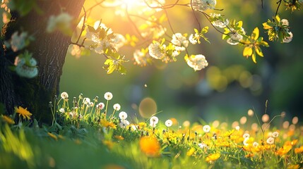 Spring Nature scene. Beautiful Landscape. Park with dandelions, Green Grass, Trees and flowers. Tranquil Background, sunlight. Scenic beauty meadow backdrop