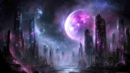 A breathtaking sci-fi cityscape under a cosmic sky with vivid nebula colors, towering skyscrapers, and shining celestial bodies, evoking a sense of futuristic exploration.