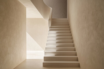 Fototapeta premium Minimalist white staircase in a beige hallway with natural light.