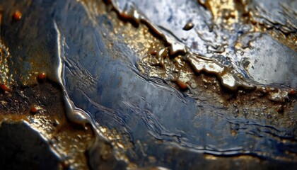 Macro View of Textured Metallic Surface with Liquid Like Gold and Bronze Highlights. Abstract Concept of Erosion, Art, and Industrial Design Aesthetic for Use in Backgrounds or Creative Projects