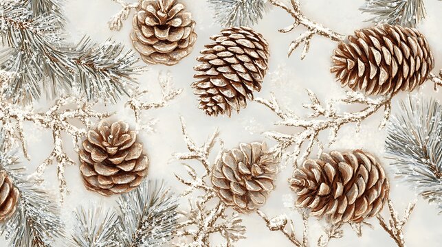 Chic patterns of pinecones and frosted branches