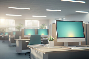 Bright modern open plan office space with rows of computer desks.