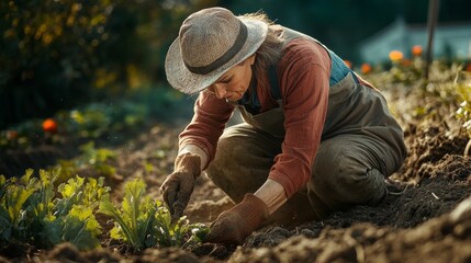 Woman in garden digs up produce