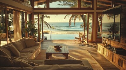 Fototapeta premium Stunning beachfront house with panoramic ocean views at sunset