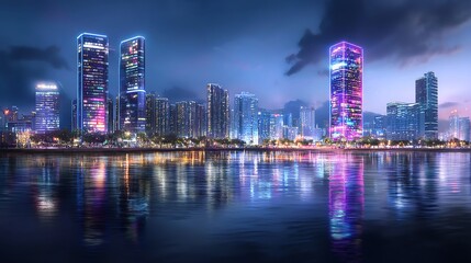 A stunning cityscape at dusk showcasing modern skyscrapers with vibrant lights reflecting on the calm water, creating a mesmerizing urban skyline scene.